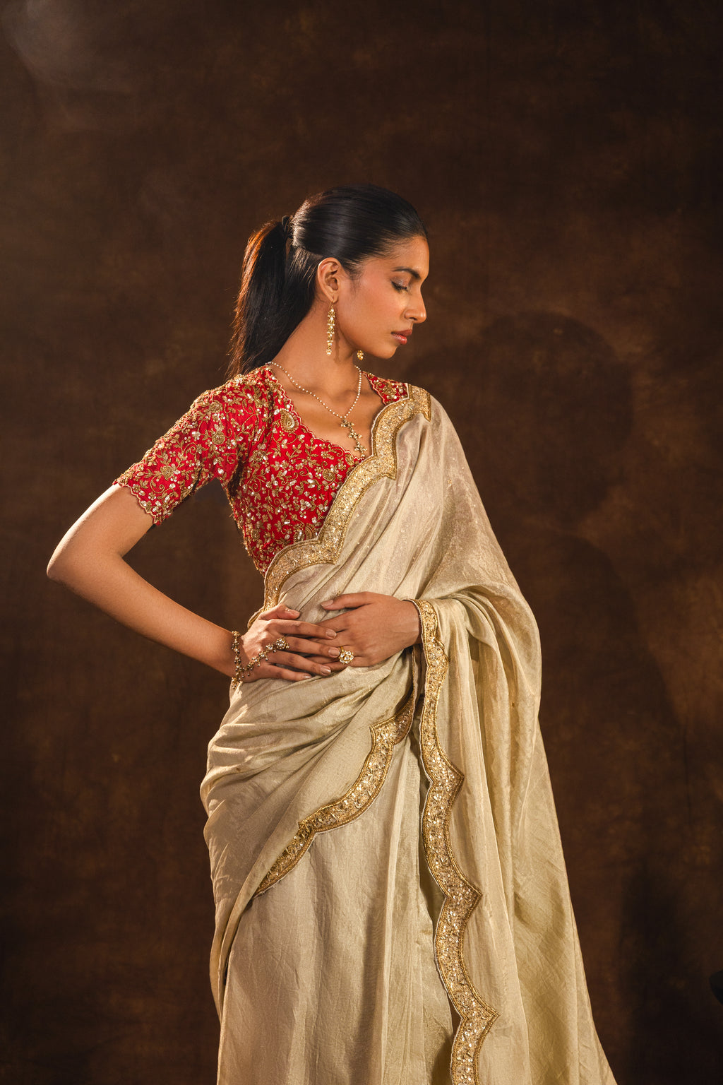 Regal Beige Stitched Saree