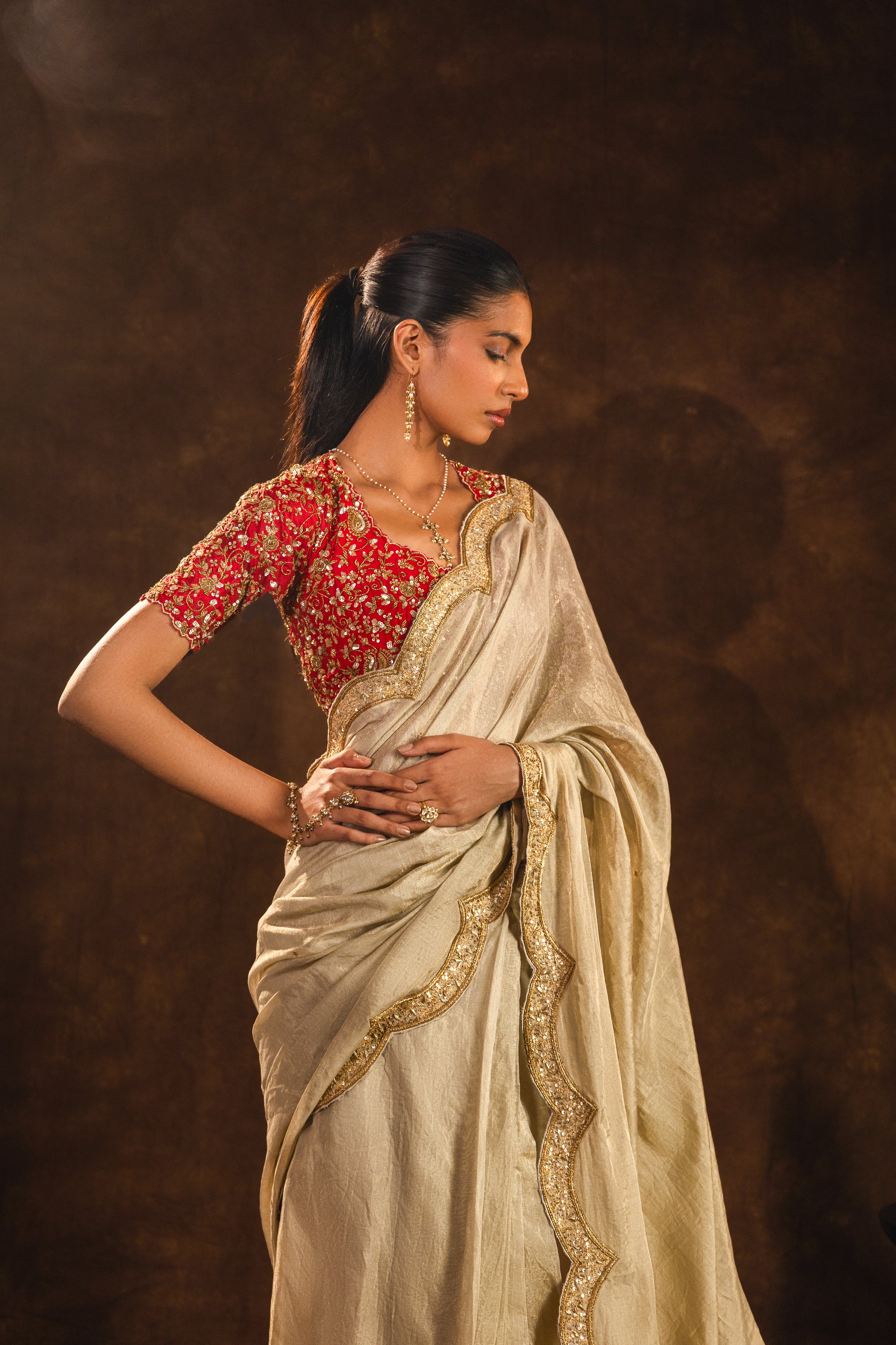 Regal Beige Stitched Saree