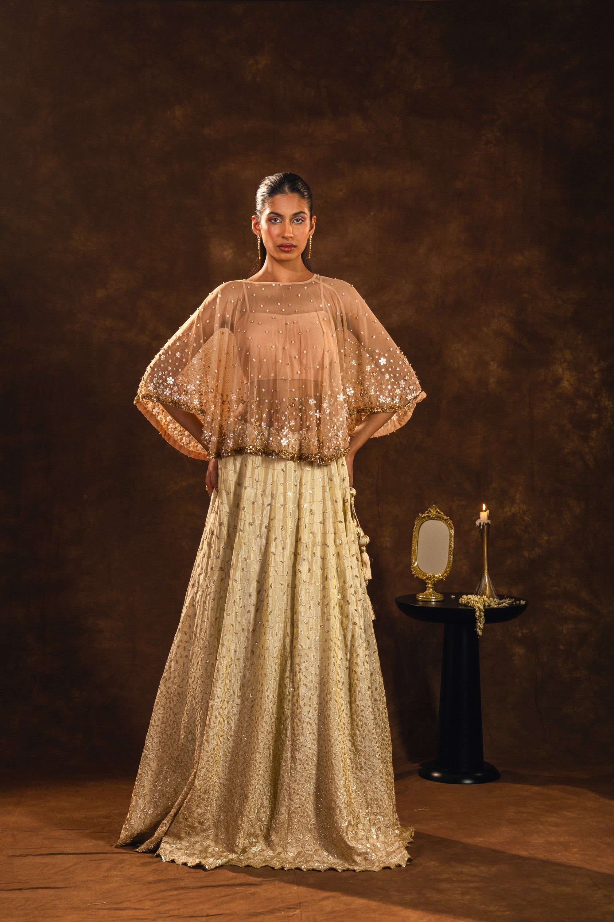 Beige Blossom Lehenga with Cape