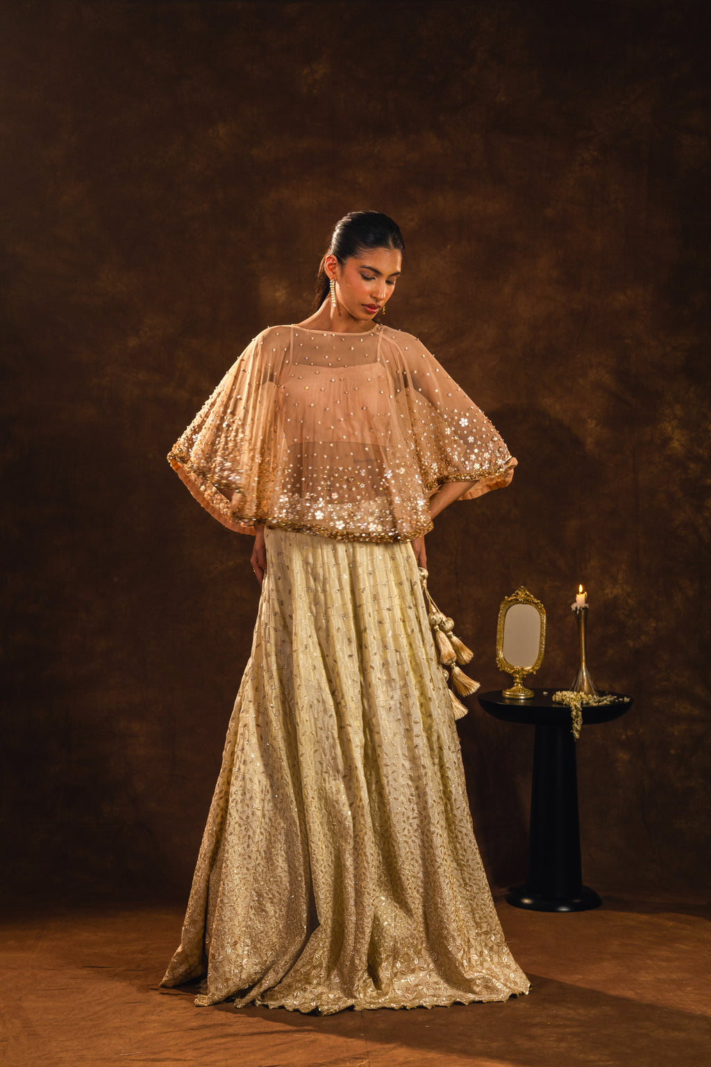 Beige Blossom Lehenga with Cape