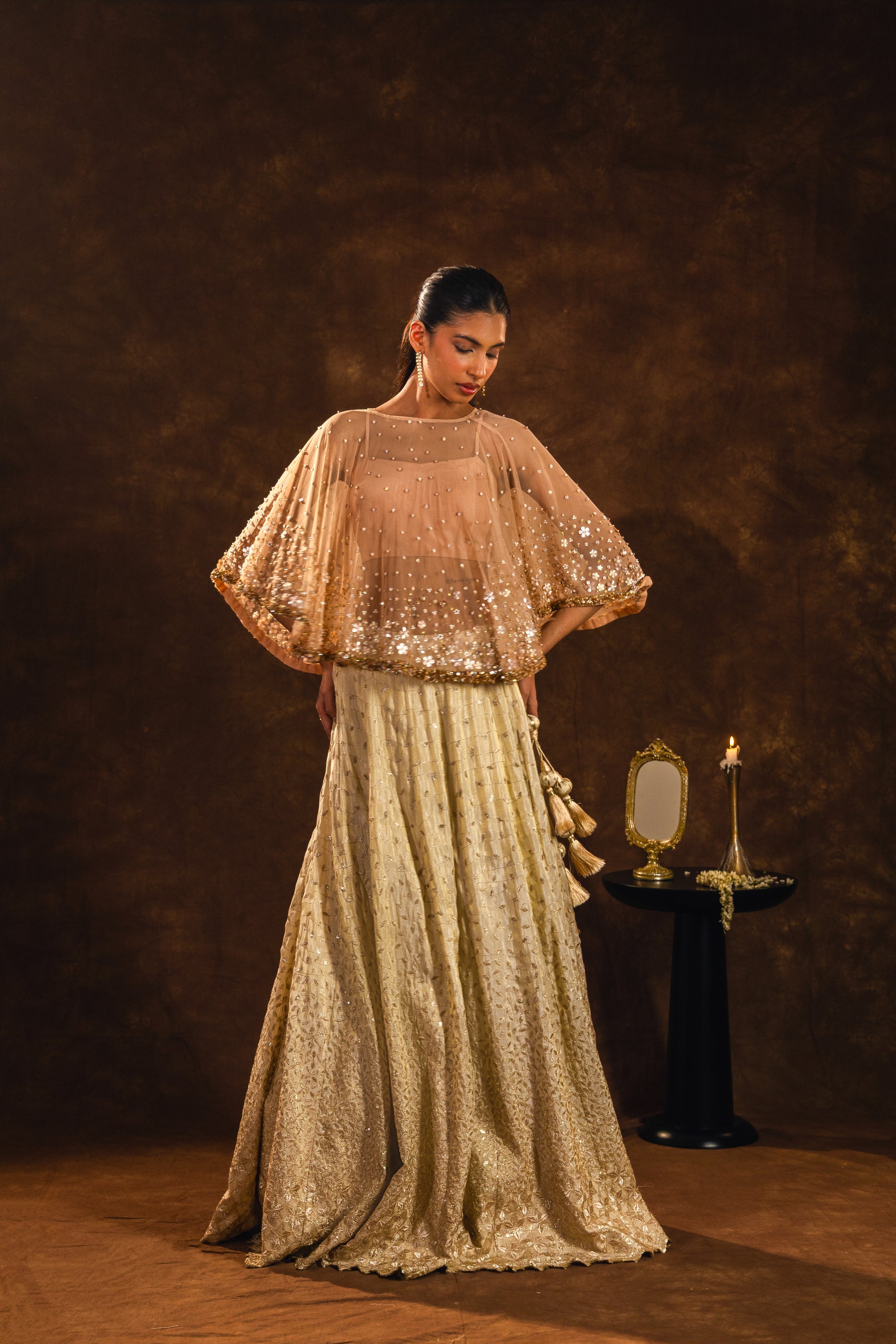 Beige Blossom Lehenga with Cape