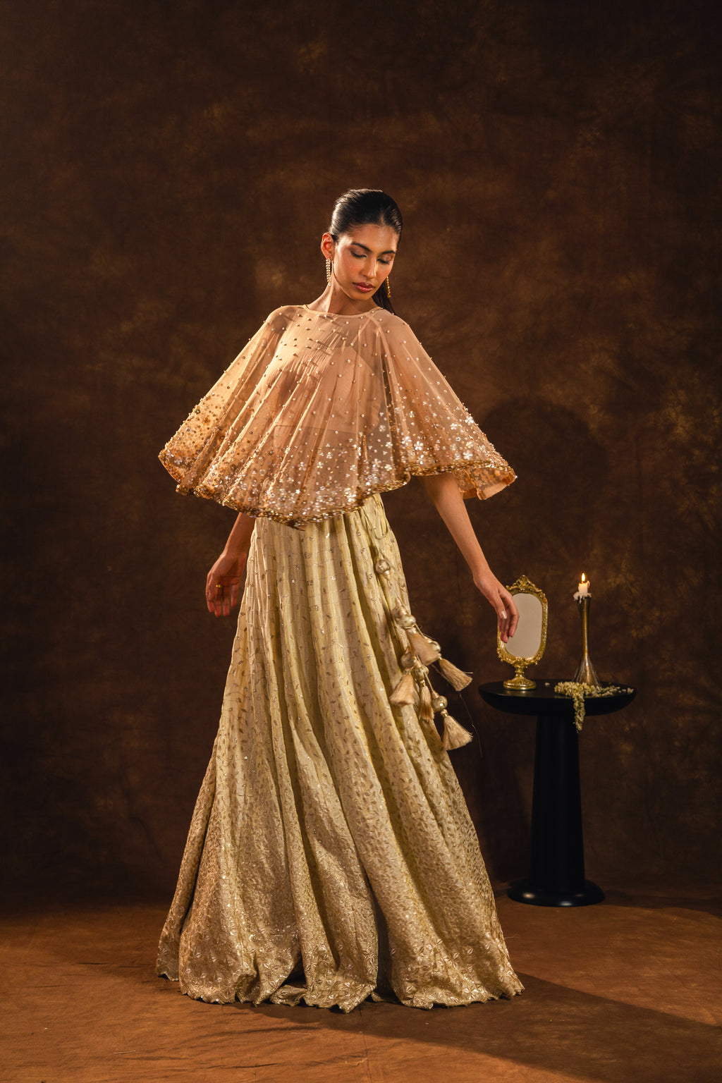 Beige Blossom Lehenga with Cape