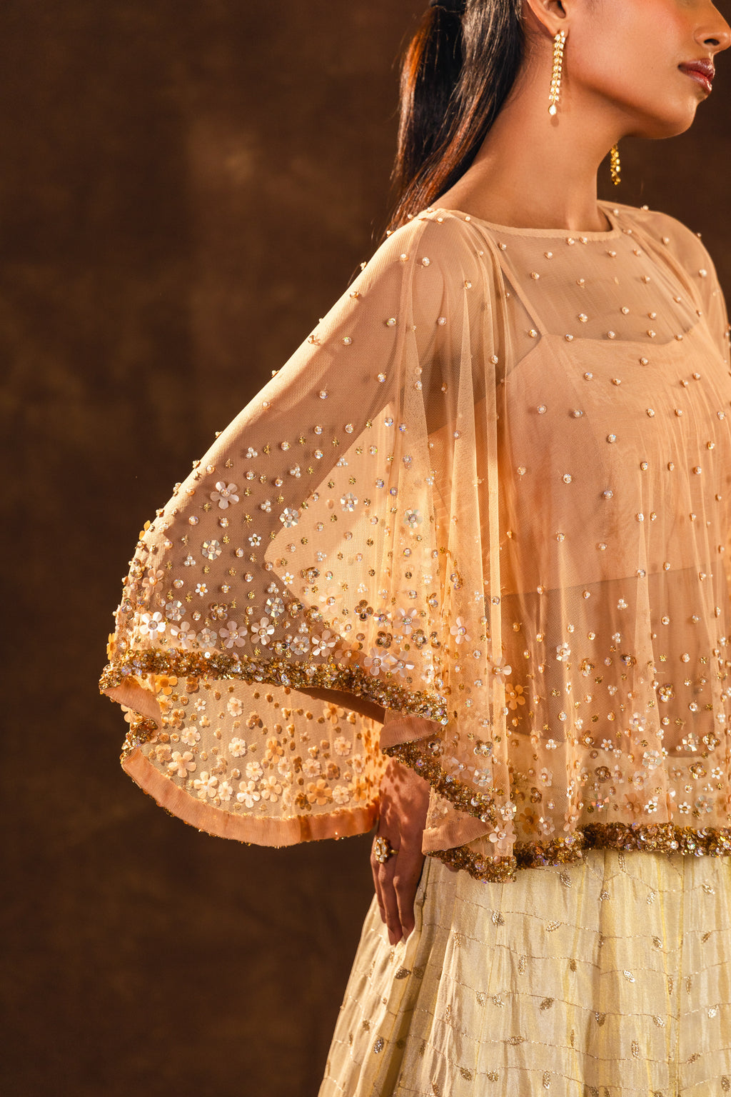 Beige Blossom Lehenga with Cape