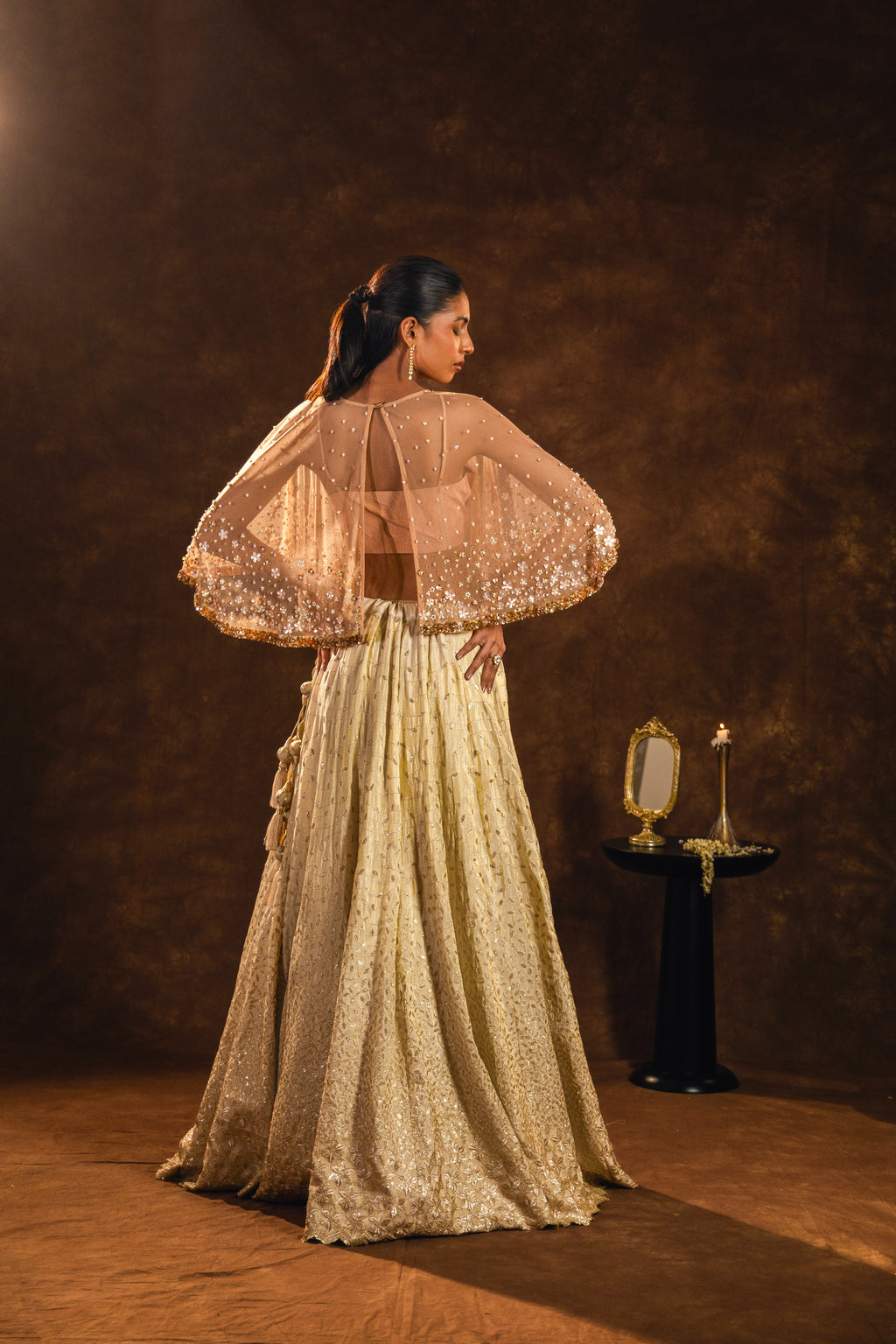 Beige Blossom Lehenga with Cape